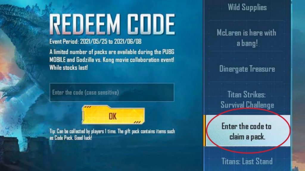 PUBG Mobile Redeem Code June 2021, PUBG Mobile Godzilla Vs Kong Redeem Code, PUBG Mobile Free Redeem Codes